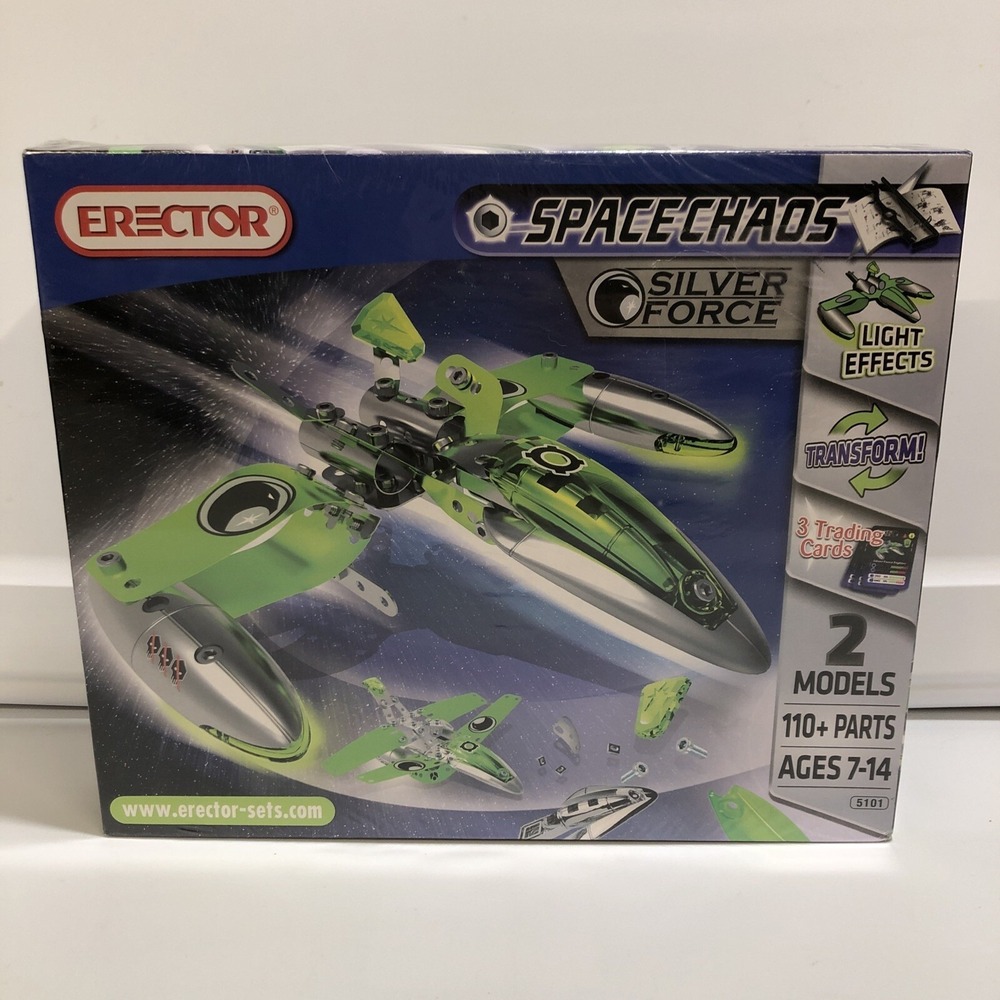 ERECTOR Space Chaos Silver Force Spaceship 2 Models Light Effects 110+ Parts